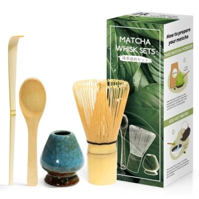 Afbeelding van 4 delige matcha set Japanse ceremonies, natuurlijke bamboe garde, lepel, schep, gardehouder, voor theeceremonie, drank, dromerig blauw