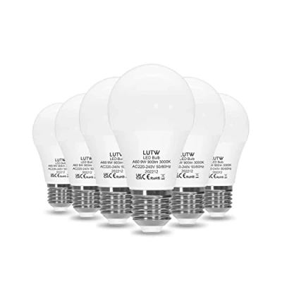 Afbeelding van LUTW Ledlamp, E27, warmwit, 3000 K, 9 W, komt overeen met 60 A60 led lampen, Edison schroef, 900 lm, energiebesparend stralingshoek 220 , niet dimbaar, kunststof, 6 stuks