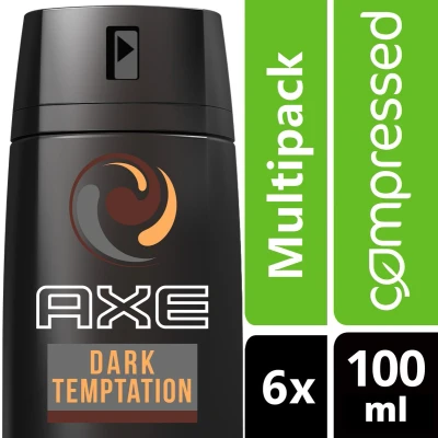 Afbeelding van Axe Deodorant voor heren, bodyspray, gecomprimeerd, Dark Temptation, 48 uur, 6 x 100 ml