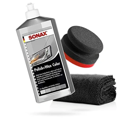 Afbeelding van detailmate Sonax Handpolijstset Polish + Wax Color zilver/grijs 500 ml handpolijstspons Puck in harde composietconstructie Ø 90/50 mm polijstdoek van