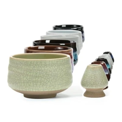 Afbeelding van TEANAGOO Chawan Matcha theekom en gardehouder, Chasen standaard, MB 6, 510 ml, mat lichtgroen met zwarte stiksels, 2 stuks/doos