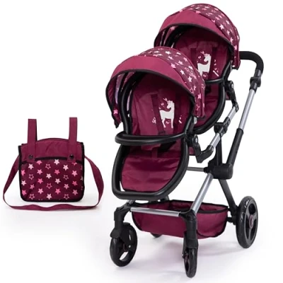 Afbeelding van Bayer Design 26723AA Twin Xeo poppenwagen, dubbele kinderwagen, verstelbaar, geïntegreerde mand met schoudertas, bordeaux, roze, sterren
