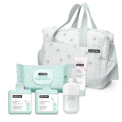 Afbeelding van Suavinex, Babytas met cosmetica: Syndet shampoogel 300 ml + vochtinbrengende lotion luierzalf 50 Baby Cologne 100 60 stuks doekjes. Ideaal cadeau voor pasgeborenen,