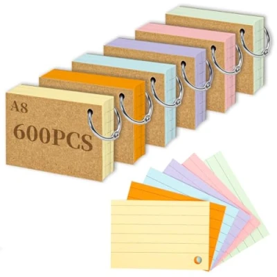 Afbeelding van A8 Flashcard, 600 stuks gelinieerde flashcards met ring, woordenschatkaarten voor het leren van woordenschat onderweg, notities, kantoor, school, thuis