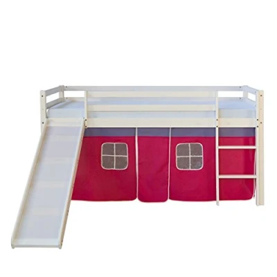 Afbeelding van Homestyle4u 540, kinderbed met glijbaan, ladder, roze gordijn, massief grenenhout, wit, 90 x 200 cm