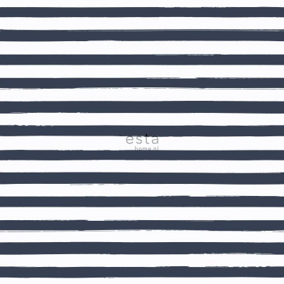 Afbeelding van ESTAhome behang geschilderde strepen donkerblauw en wit 138970 0,53 x 10,05 m