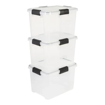 Afbeelding van Iris Ohyama, Opbergdoos, luchtdicht, 20 l, 3 stuks, transparant, deksel met waterdichte afdichting, 4 sluitclips, stapelbaar, voor buiten, garage, kleding, stofdicht, BPA vrij, DDAT SD