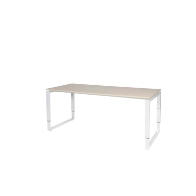 Afbeelding van Domino Plus bureau, hoogte instelbaar (62 85cm) met 180x80cm &#039;zwevend&#039; lindberg (licht) eiken 25mm blad en wit (RAL9010) O poot frame