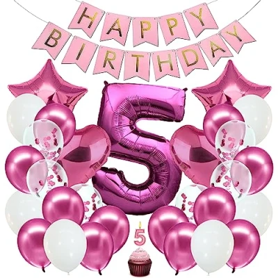 Afbeelding van envami Verjaardagsballon 5 jaar, roze, 101 cm cijferballon, decoratieve verjaardagsset voor jongens, Happy Birthday decoratie, ballon Birthday, zweeft dankzij helium
