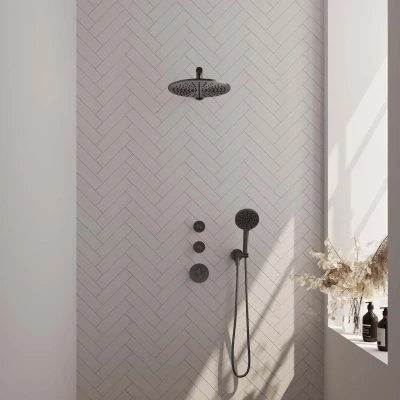 Afbeelding van Brauer Gunmetal carving Regendoucheset inbouw hoofddouche 30cm 3 knoppen rechte wandarm handdouche rond standen PVD geborsteld
