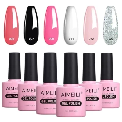 Image de AIMEILI Vernis Semi Permanent Set 6pcs X 10ml Clair Nu Rose Paillettes Noir Blanc, Lot Saint Valentin à Ongles Gel Soak Off UV LED Manucure Kit 1