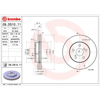 Afbeelding van BREMBO 09.D510.11 Remschijf 255 25 5 interne ventilatie Gecoat