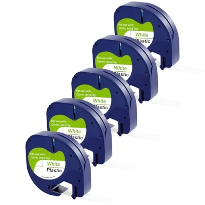 Afbeelding van 5 stuks witte tape voor Dymo LetraTag LT 100H / Plus/LT 100T /LT Plus/2000/XM/XR/QX50 Plastic navulverpakking 91201 12 mm x 4 m zwart op wit Phonillico®