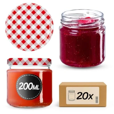 Afbeelding van KADAX Kleine inmaakpotten, 200 ml, luchtdicht, rond, FI66 mm, jampotten, bokalen, minipotten voor honing en kruiden, 20 stuks, rood geruit