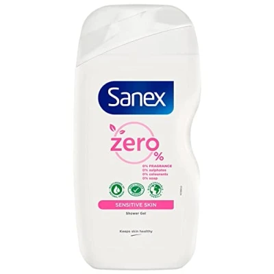 Afbeelding van Sanex Zero% Sensitive Hypoallergene douchegel 450 ml 0% parfum, kleurstoffen, sulfaten * en zeep 8 uur hydratatie dermatologisch getest 93% natuurlijke ingrediënten **