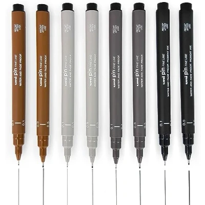 Afbeelding van Uni Pin Fineliner tekenstiften, 0,1 mm/0,5 mm, zwart, donkergrijs, lichtgrijs en sepia, 8 stuks