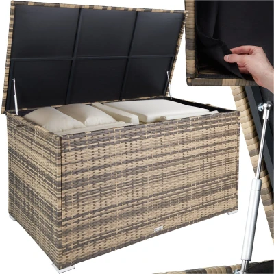Afbeelding van tectake® Aluminium rieten opbergdoos met deksel, 750 l, weerbestendig, tuinbox gasveren, tuinbox, uv bestendig, roestvrij, ruimte
