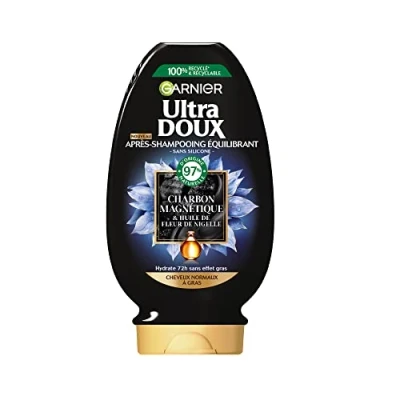 Afbeelding van Garnier Ultra Soft hydraterende en balancerende conditioner met magnetische houtskool Nigellebloesem voor normaal tot vet haar 200 ml