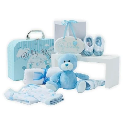 Afbeelding van Baby Box Shop Babyfeestcadeau voor jongens, 9 cadeaus babyjongens, geschenkset geschenkmand blauw