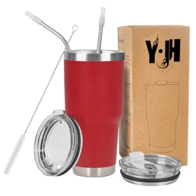 Afbeelding van Y J&amp;H 30oz (850ml) Travel Tumbler Dubbelwandige vacuüm geïsoleerde koffiebeker roestvrij staal, met 2 anti mors deksels, rietjes en afvoer borstel, BPA vrij Rood