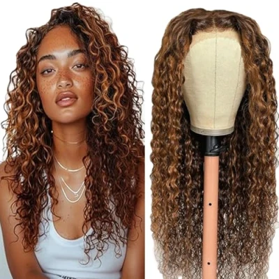 Afbeelding van Tuheerst Brown Human Hair Pruik Krullend Wave Vrouwen Echt Haar 4X4 P430 Highlight Zwitserse Kant 100% Onbewerkt Braziliaans Remy Geen Smell voor 76 cm