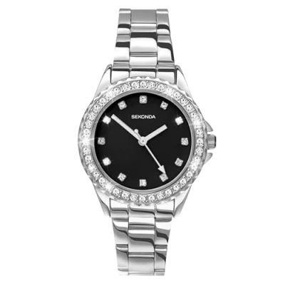 Afbeelding van Sekonda Elizabeth Dameshorloge, kwarts, 33 mm, met stenen bezaaide behuizing, analoge weergave, roestvrijstalen armband, Zilveren zwarte wijzerplaat, enkel