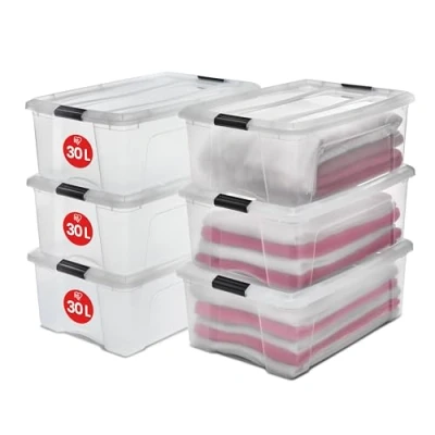 Afbeelding van Iris Ohyama Opbergdozen, set van 6 stuks, 30 liter, met clips, stapelbaar, voor woonkamer, slaapkamer, garage Top Box TB transparant