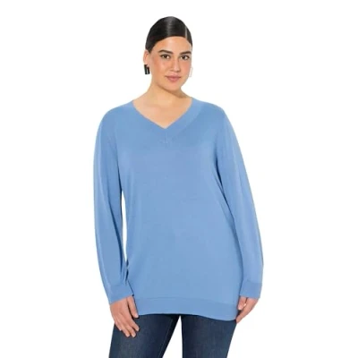 Image de Ulla Popken Pull pour femme, grandes tailles, grande taille, col en V, manches longues, tricot fin doux, Bleuet clair, 56 58