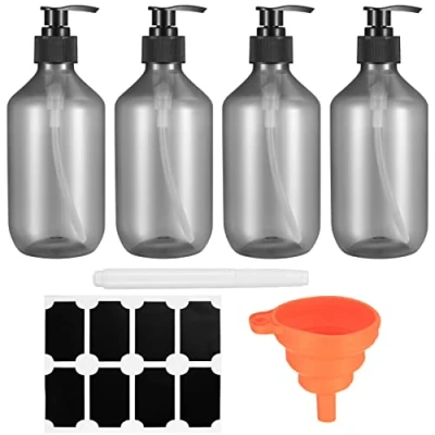 Afbeelding van 4 stuks lege pompflessen, 300 ml, navulbaar, kunststof zeeppompdispenser, met etiket, pen, trechter