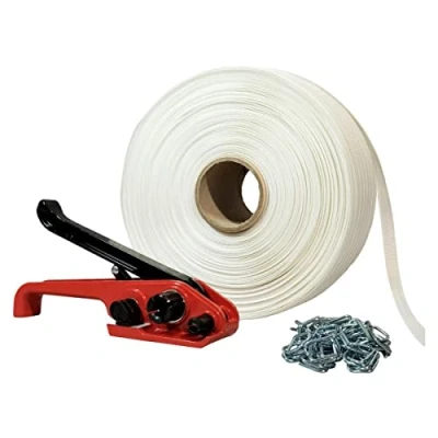 Afbeelding van TeCPLAST KFT1 omsnoeringsband, gevlochten, 19 mm x 500 m, incl. 250 lussen + 1 spanner, weerstand 750 kg