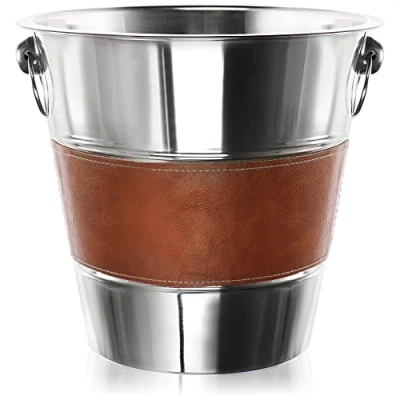 Afbeelding van COM FOUR® champagne emmer met kunstleren band koelemmer voor mousserende wijn, wijn en edele ijsemmer speciale gelegenheden (1 stuk zilver/bruin)