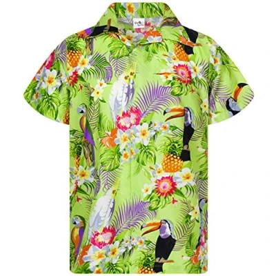 Afbeelding van King Kameha Funky Hawaïhemd voor heren, korte mouwen, voorzak, Hawaii print, papegaai, ananas