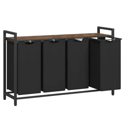 Afbeelding van VASAGLE Wasmand, mand voor vuile was, 4 vakken, afneembare zakken van Oxford stof, legplank, metalen frame, x 40 l, 116 33 72 cm, rustiek bruin en zwart BLH401B01