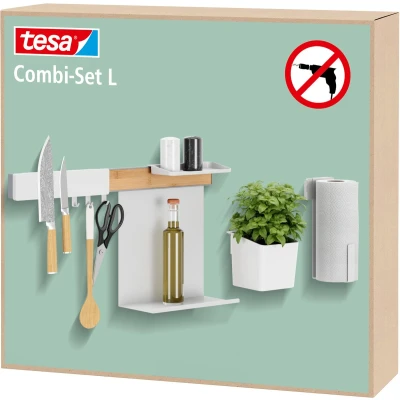 Afbeelding van tesa keukenorganizer combinatieset L keukenstrip met kruidenpot, planken, meshouder, keukenrolhouder, hakenrek bamboe/wit