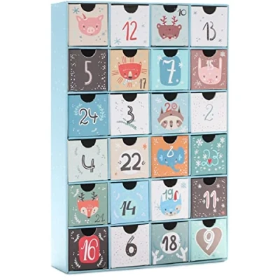 Afbeelding van BRUBAKER Adventskalender om te vullen Dieren Christmas Blauw Kerstkalender 24 Vakjes zelf met kleine Cadeautjes 32,5 cm hoog Karton