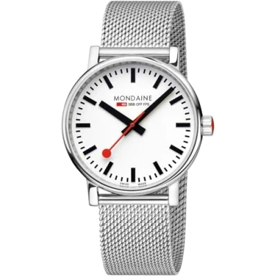 Afbeelding van Mondaine MSE.40110.SM Evo2 Horloge Stationsklok Saffierglas Staal Zilverkleurig 40 mm breed Quartz Druksluiting 3 ATM (spatwater)