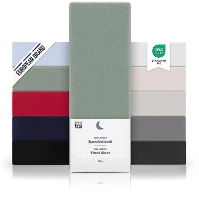 Afbeelding van Blumtal Hoeslaken Fitted Sheet Jersey Katoen 180 x 200 30 cm Zomers Groen Set van 2