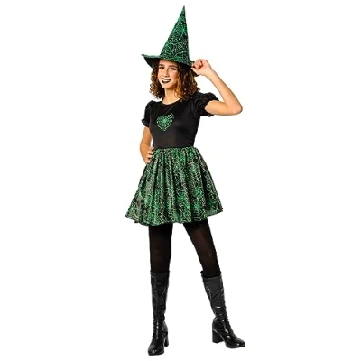 Afbeelding van Rubies Spiderman web neongroen heksenkostuum voor meisjes, Glow in Dark jurk en hoed, officiële Halloween, carnaval, verjaardag, feest