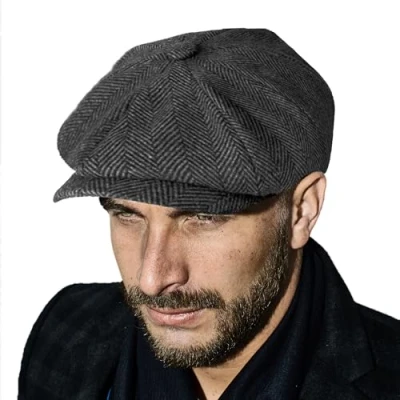 Afbeelding van TOSKATOK Baker Boy Newsboy uniseks platte pet met 8 panelen wolmix Grijze visgraatpatroon één maat, Chevrons