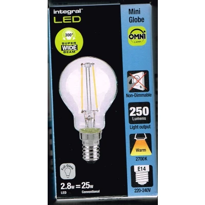 Afbeelding van E14 Kogel LED Lamp Extra Warm Wit (2700K) 2 Watt, vervangt 25W Halogeen Integral