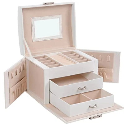 Afbeelding van Sieradendoos, rice sieradenetui, draagbare, afsluitbaar juwelendoosje, with 2 shops, mirror, slot and keys, cadeau idee, wit
