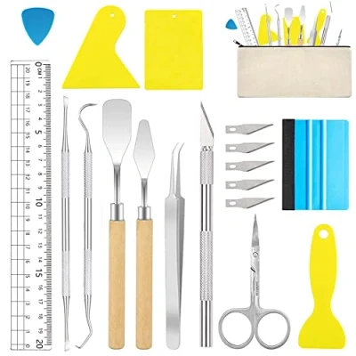 Afbeelding van 18 stuks vinyl wieden gereedschap roestvrijstalen plotter accessoires HTV + 1 stuk opbergtas, DIY Craft Tool Set, cameo&#039;s, belettering, inclusief haken, pincet, spatels voor silhouet
