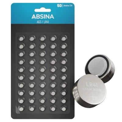 Afbeelding van ABSINA AG3 LR41 alkaline knoopcellen, 1,5 V, lekvrij, lange levensduur, LR736, G3, G3A, 3GA, 192, GP192, V3GA, RW87, 50 stuks