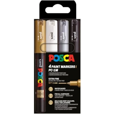 Afbeelding van Uni POSCA paintmarker PC 1MC, 0,7 1 mm, etui van 4 stuks, goud, zilver, wit en zwart
