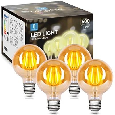 Afbeelding van Aigostar Edison LED lamp, retro, vintage, E27, 6 W, komt overeen met 48 W halogeenlamp, 600 lumen, warm wit 2200 K, decoratieve lamp G80, hoek van 300 graden, CRI ≥ 80, 4 stuks