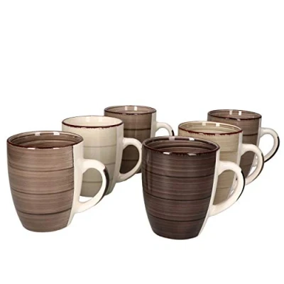 Afbeelding van MamboCat grijze koffiekopjes, set van 6 grote mok grijs aardewerk met swirl motief, moderne reuzentheekopjes, landelijke stijl, thee en koffiemok, 350 ml