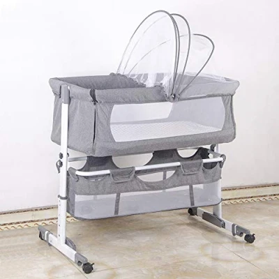 Afbeelding van OHMG lit bébé 3 en 1, d&#039;appoint avec panier de rangement, berceau, hauteur réglable et réglage l&#039;inclinaison du matelas, 4 roues frein, matelas ergonomique, réglable, portable