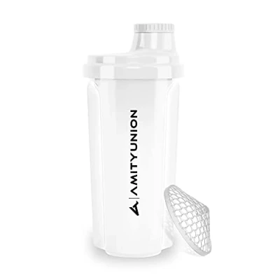 Afbeelding van AMITYUNION Protein Shaker 500 ml Heaven waterdicht, BPA vrij met klikzeef en weegschaal voor romige wei shakes, fitnessbekers isolaten sportconcentraten, origineel in wit