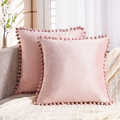 Afbeelding van Topfinel Kussensloop van fluweel met kwastjes, effen, voor bank, slaapkamer, kantoor, auto, 45 x cm, roze, 2 stuks