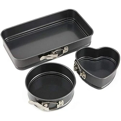 Afbeelding van Springvorm bakvormen set van 3, cakevormen, ronde springvorm, hartvorm, bakvorm, rechthoek, platte bodem, lekvrij, antiaanbaklaag, gastronomische cakevorm met